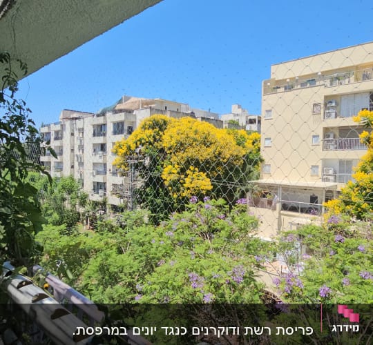 רשת יונים על מרפסת עם צמחייה ועצים ברקע